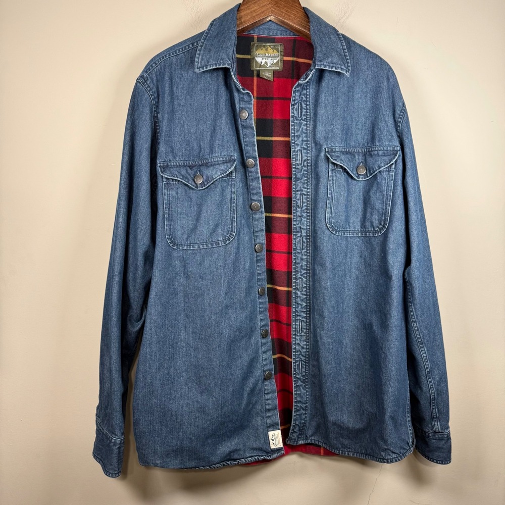 VTG 90's Eddie Bauer Sport Shop Denim Flannel Lined Shirt Jacket Large